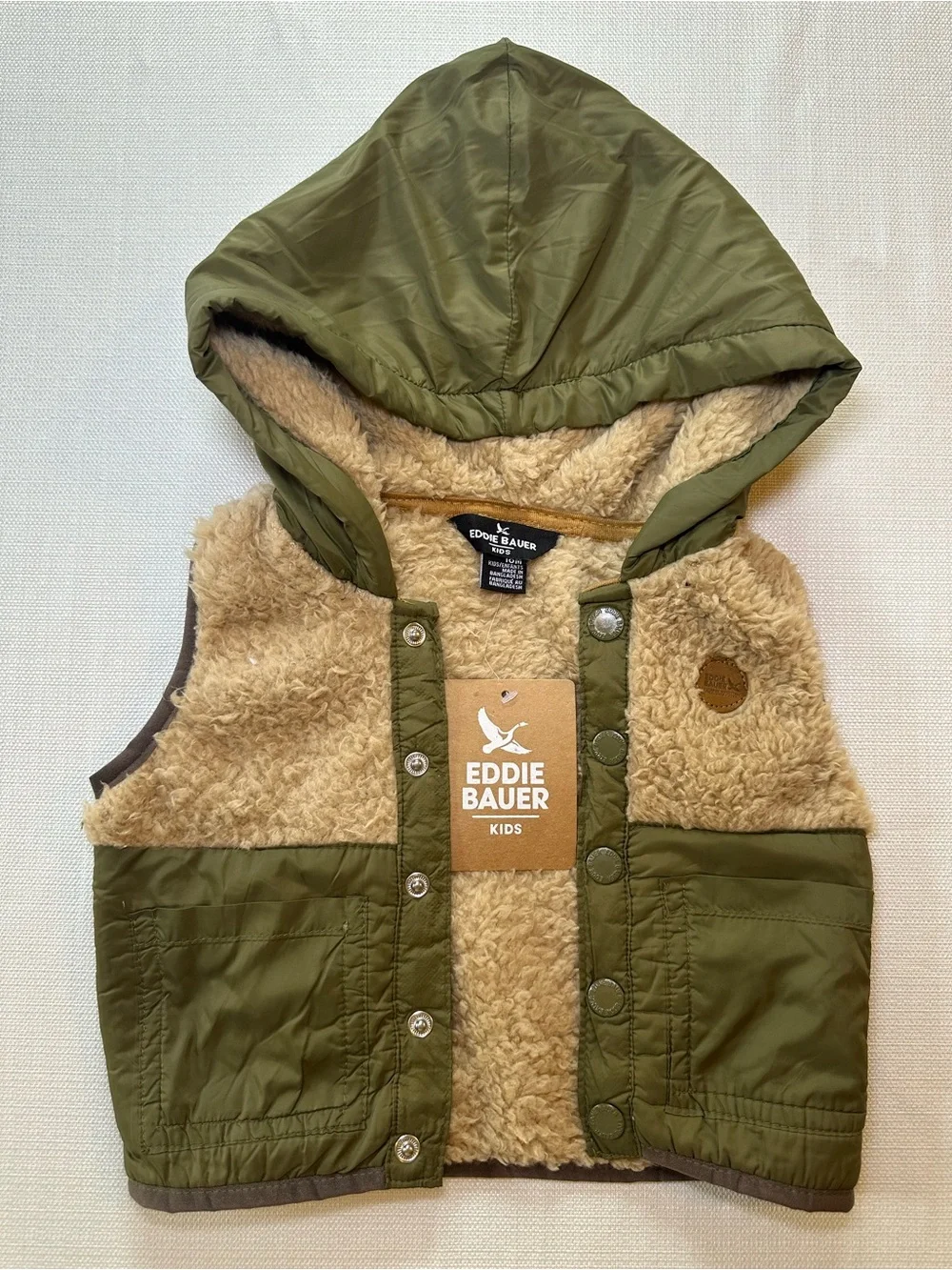 Eddie Bauer Kids Olive Green Hooded Vest & Heathered Henley Set 18M NWT